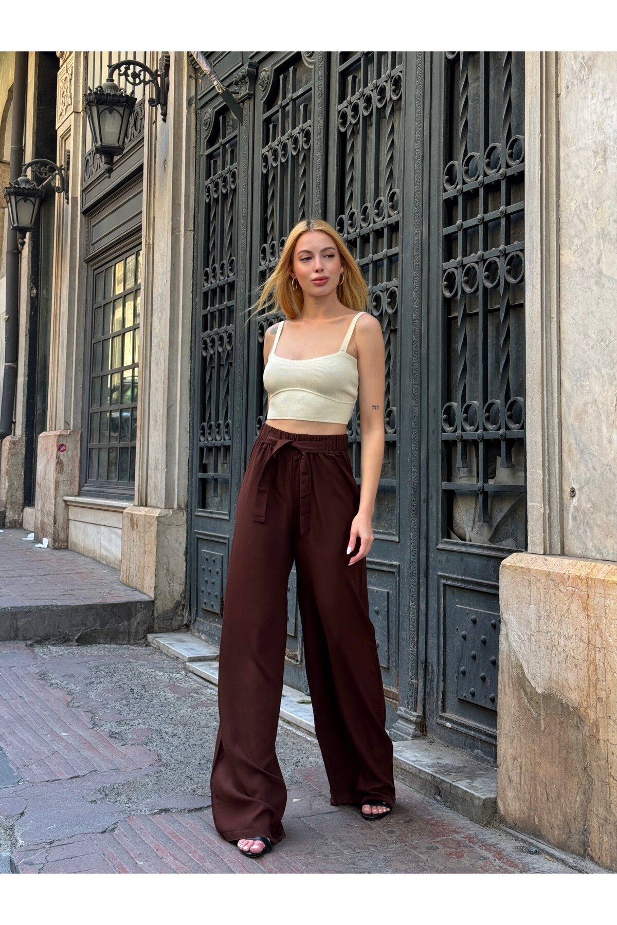 Kadın Yüksek Bel Kuşaklı %100 Viscose Pamuk Geniş Paça Şık Casual Büyük Beden Curve Pantolon