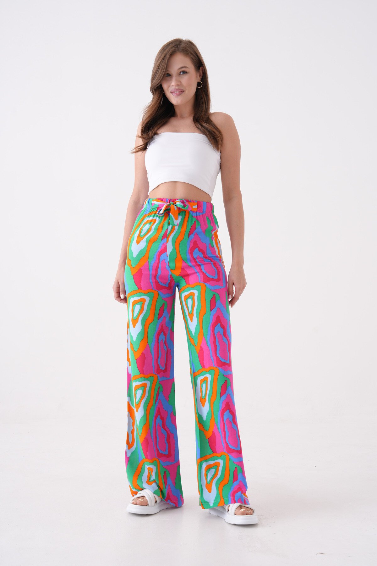 Kadın Yüksek Bel Kuşaklı Desenli %100 Viscose Pamuk Geniş Paça Şık Casual Büyük Beden Curve Pantolon