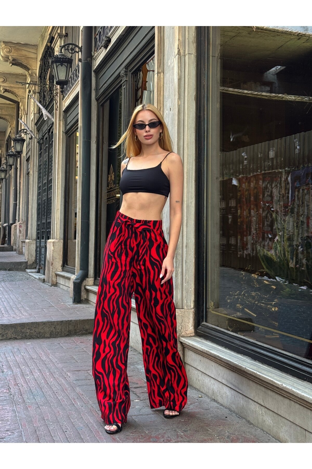 Kadın Yüksek Bel Kuşaklı Desenli %100 Viscose Pamuk Geniş Paça Şık Casual Büyük Beden Curve Pantolon