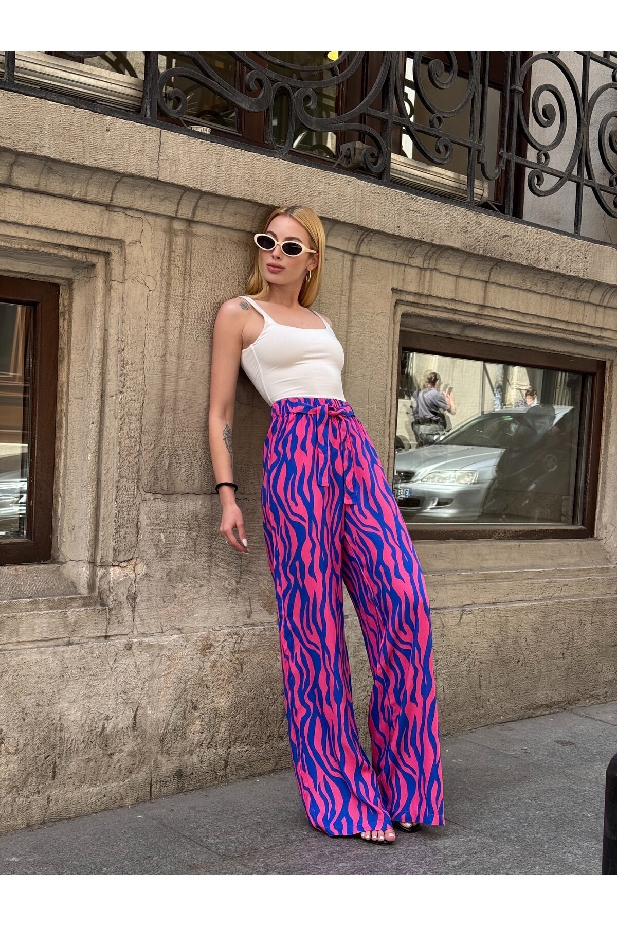 Kadın Yüksek Bel Kuşaklı Desenli %100 Viscose Pamuk Geniş Paça Şık Casual Büyük Beden Curve Pantolon