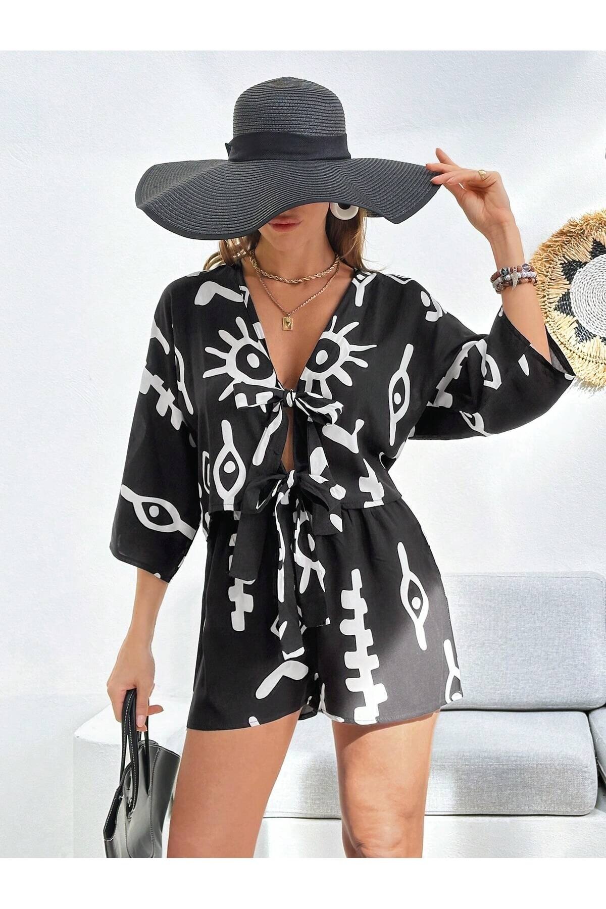 Kadın %100 Pamuk Şortlu Ceketli Desenli Yazlık Spor Şık Rahat Kalıp Kimonolu Şort Alt Üst Takım