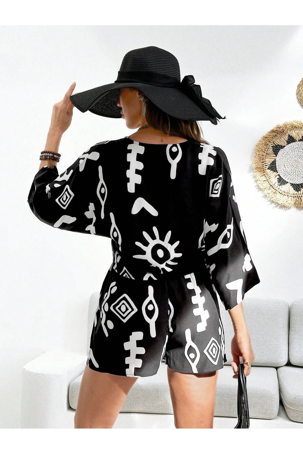 Kadın %100 Pamuk Şortlu Ceketli Desenli Yazlık Spor Şık Rahat Kalıp Kimonolu Şort Alt Üst Takım