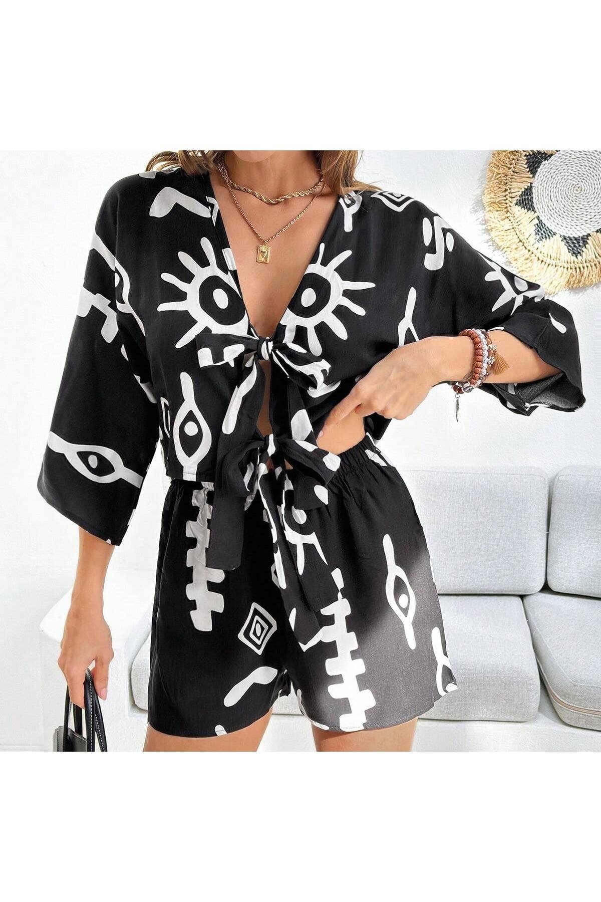Kadın %100 Pamuk Şortlu Ceketli Desenli Yazlık Spor Şık Rahat Kalıp Kimonolu Şort Alt Üst Takım