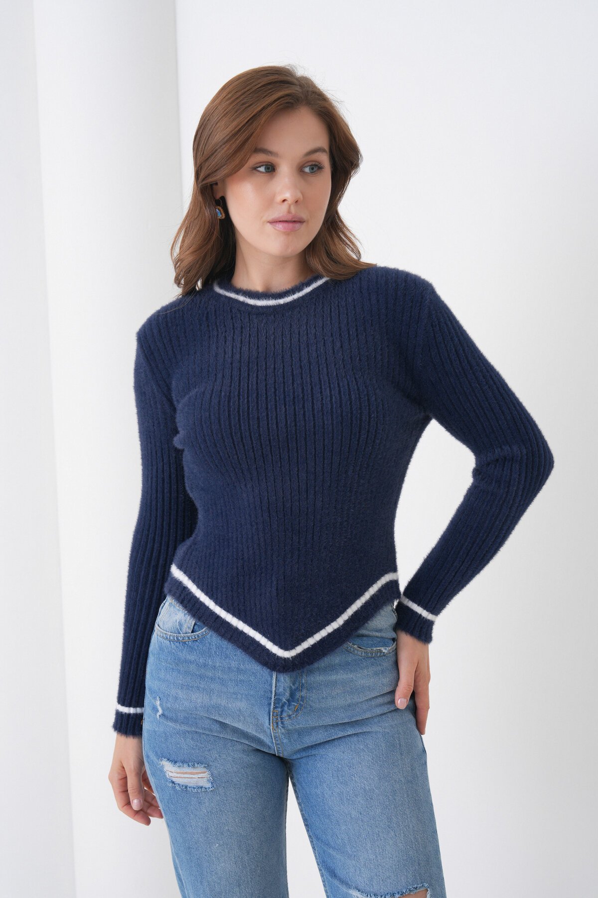 Kadın Asimetrik V Kesim Şerit Kenar Sakallı Uzun Kollu Bisiklet Yaka Spor Şık Kışlık Triko Kazak