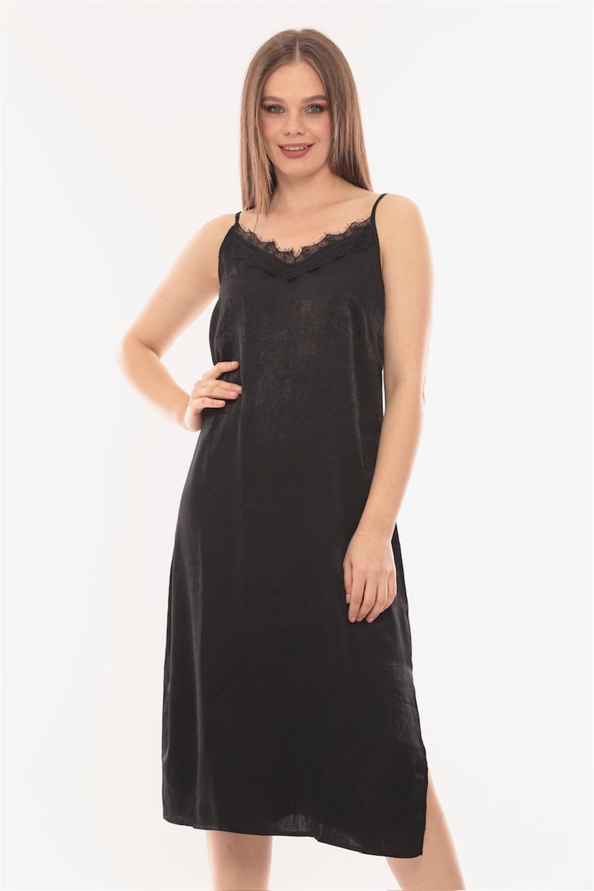 Kadın Askılı Yırtmaç Detay Sırt Bağlamalı Siyah Saten Spor Şık Curve Elbise