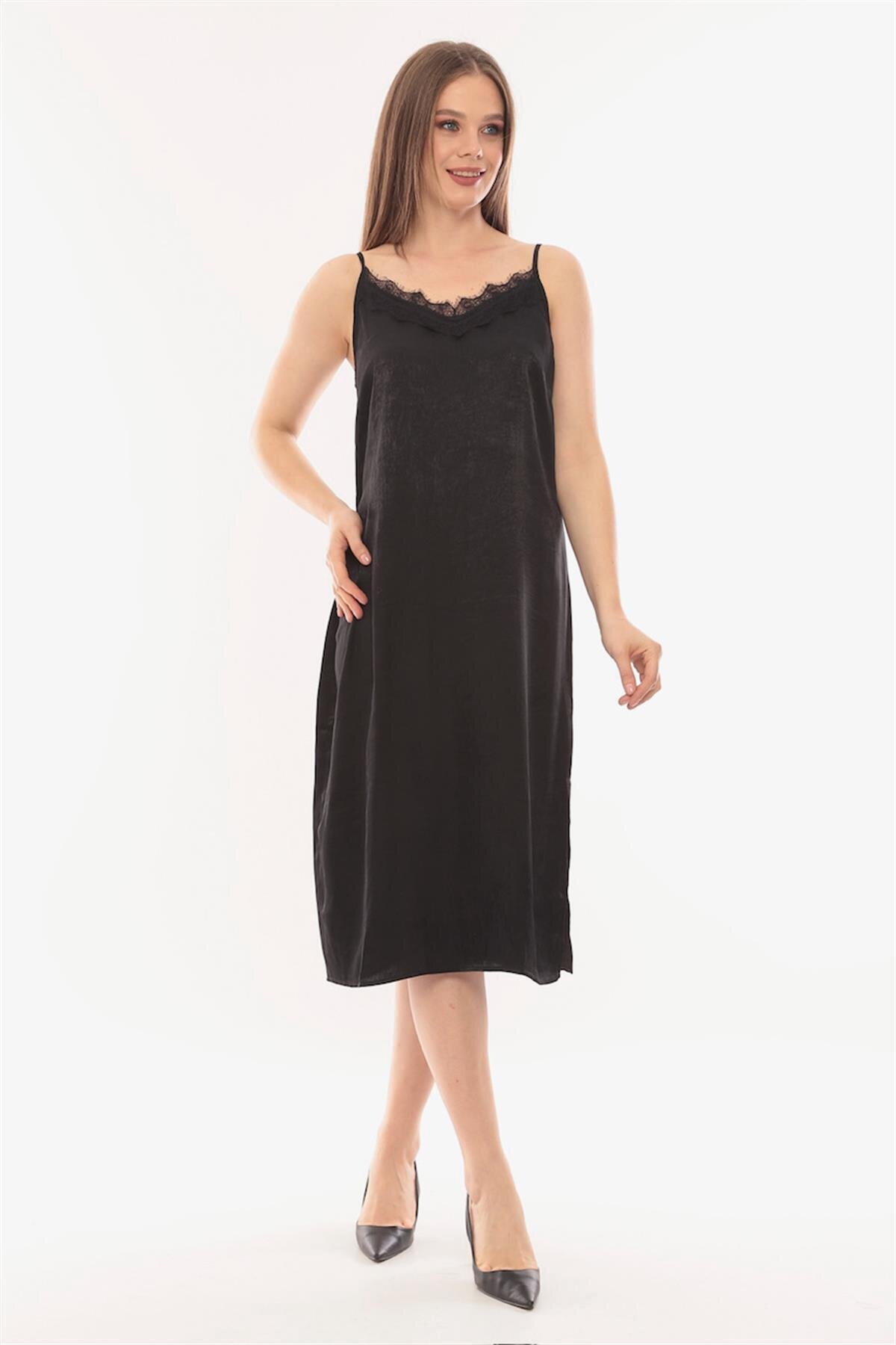 Kadın Askılı Yırtmaç Detay Sırt Bağlamalı Siyah Saten Spor Şık Curve Elbise