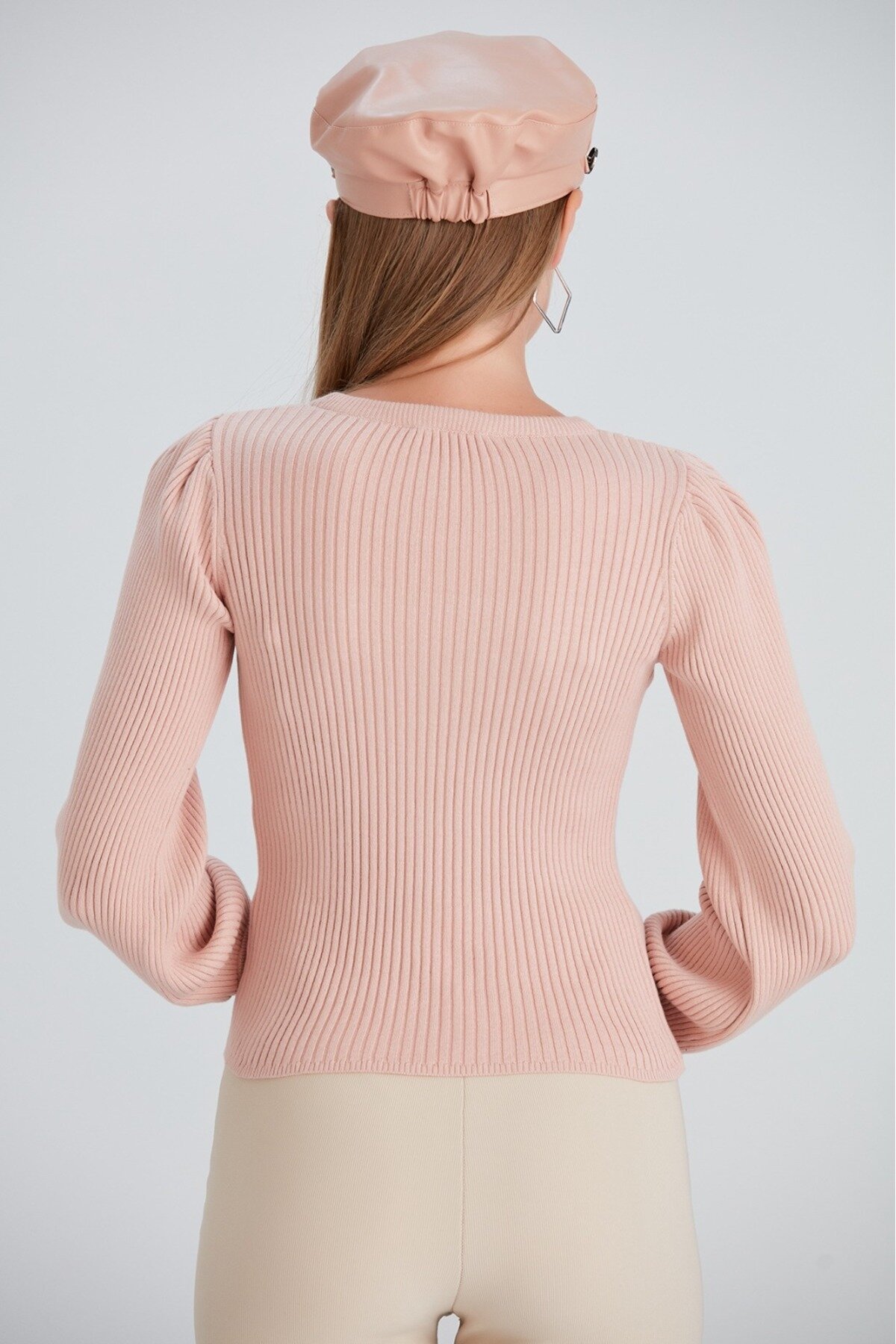 Kadın Balon Uzun Kol Pudra Rengi Spor Şık Triko Bluz