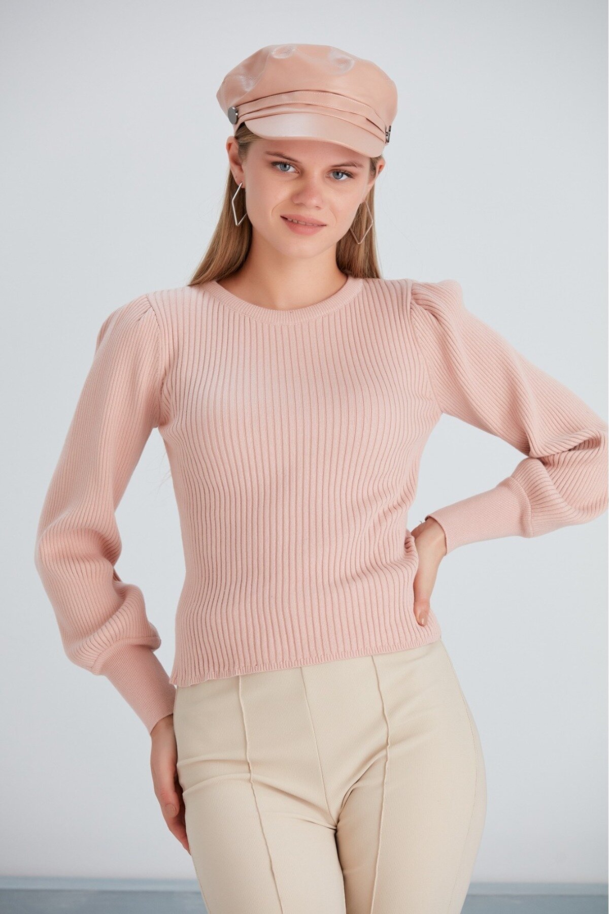 Kadın Balon Uzun Kol Pudra Rengi Spor Şık Triko Bluz