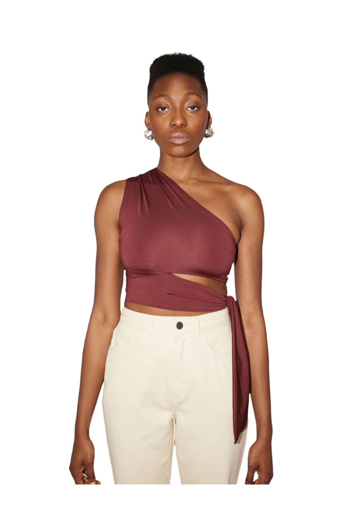 Kadın Belden Bağlama Detay Tek Kol Omzu Açık Spor Şık Rahat Kalıp Croptop Bluz