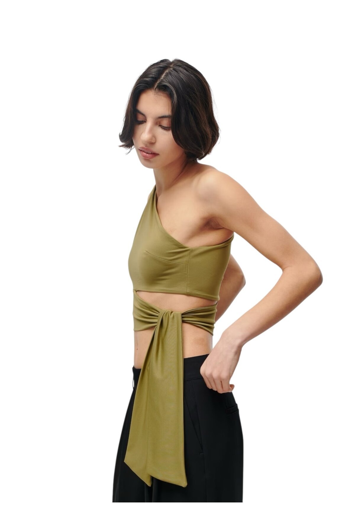 Kadın Belden Bağlama Detay Tek Kol Omzu Açık Spor Şık Rahat Kalıp Croptop Bluz