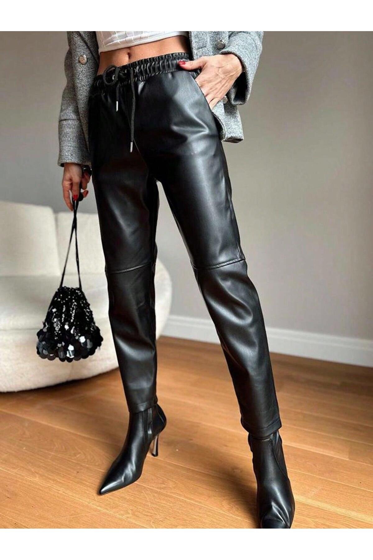 Kadın Beli Lastikli Parça Derili Spor Şık Tasarım Siyah Deri Pantolon