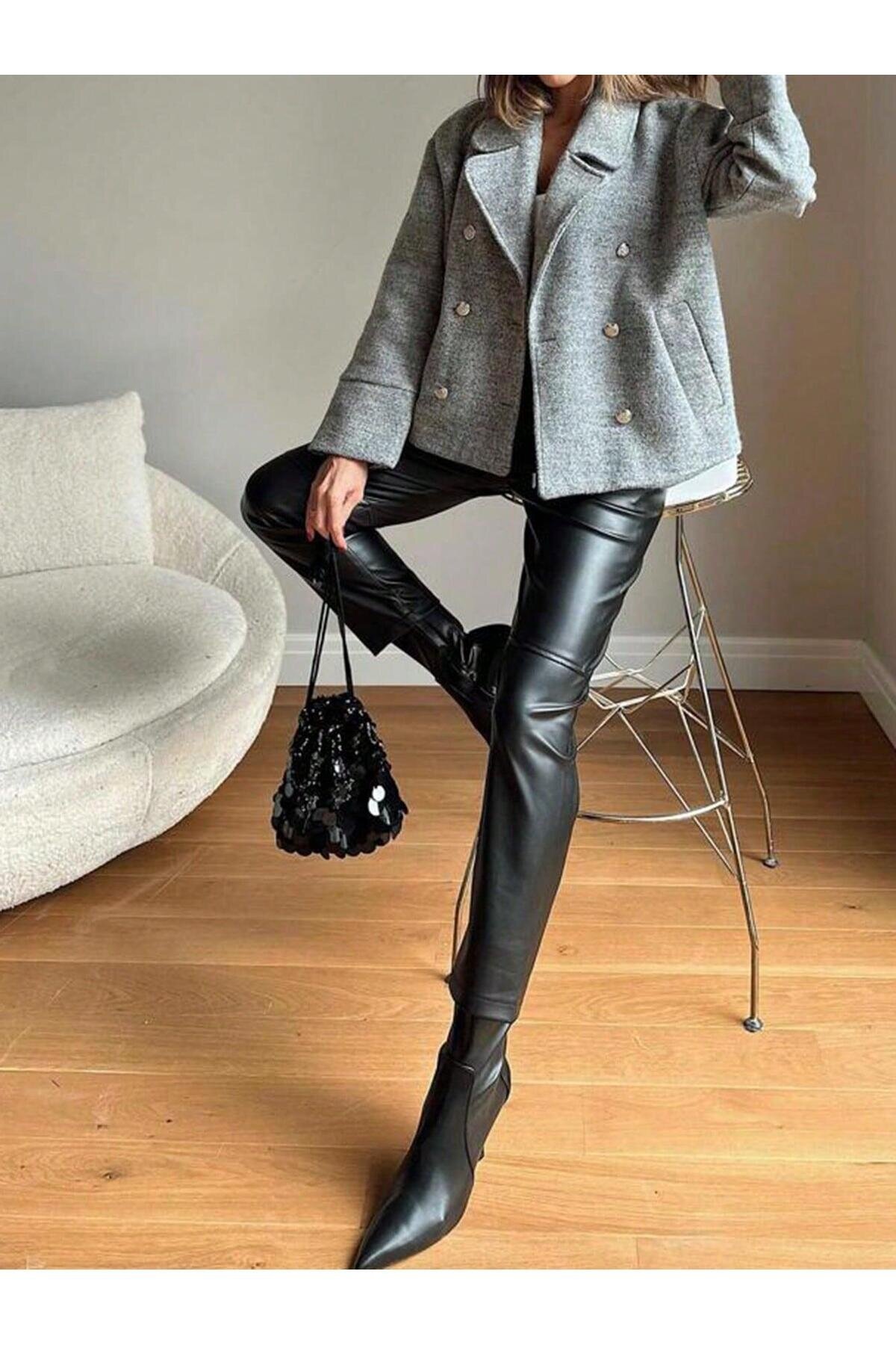 Kadın Beli Lastikli Parça Derili Spor Şık Tasarım Siyah Deri Pantolon