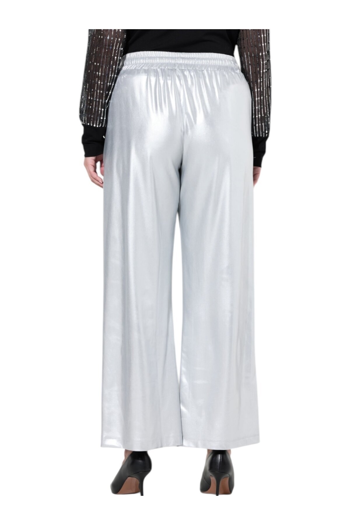 Kadın Beli Lastikli Parlak Büyük Beden Curve Yüksek Bel Spor Şık Pantolon