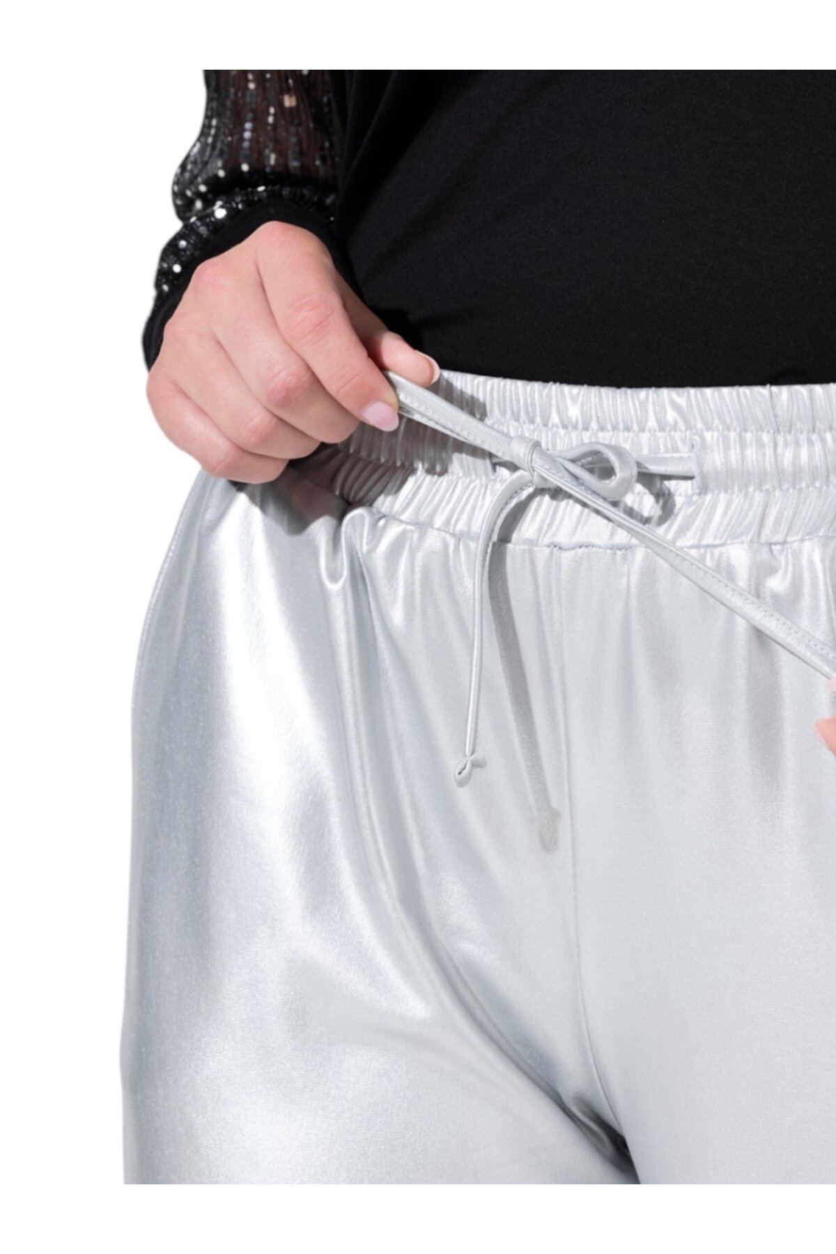 Kadın Beli Lastikli Parlak Büyük Beden Curve Yüksek Bel Spor Şık Pantolon