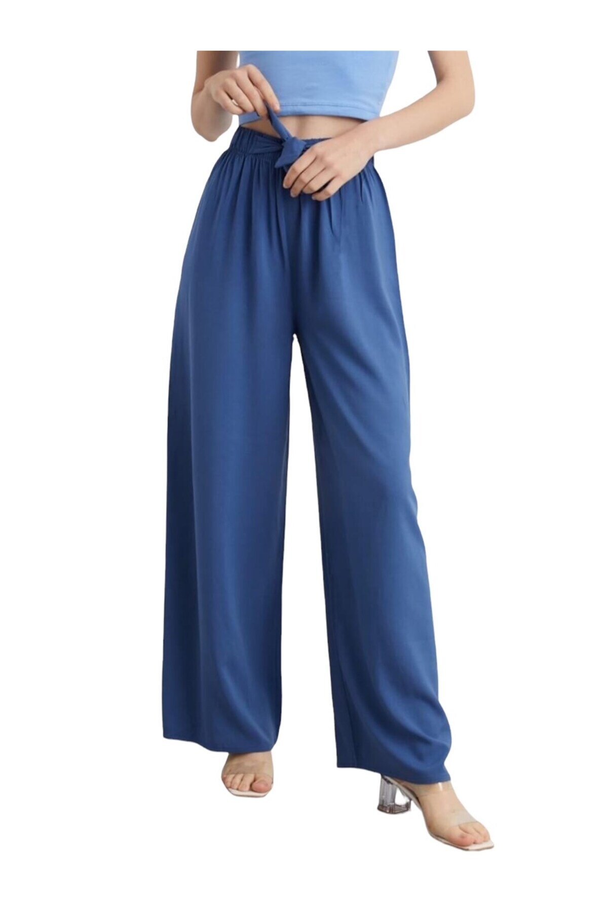 Kadın Beli Lastikli Rahat Salaş Mavi Pantolon