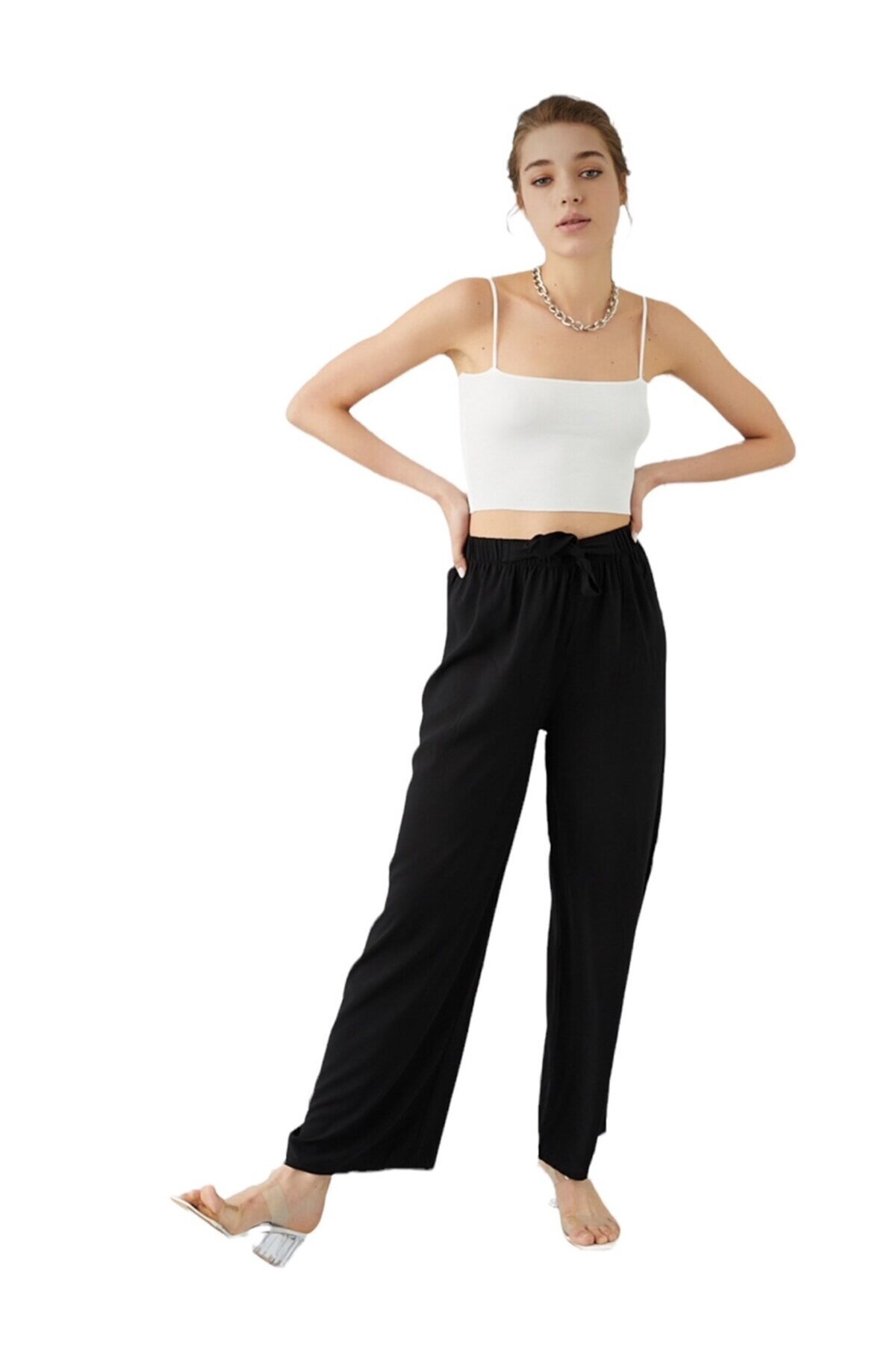 Kadın Beli Lastikli Rahat Salaş Siyah Pantolon