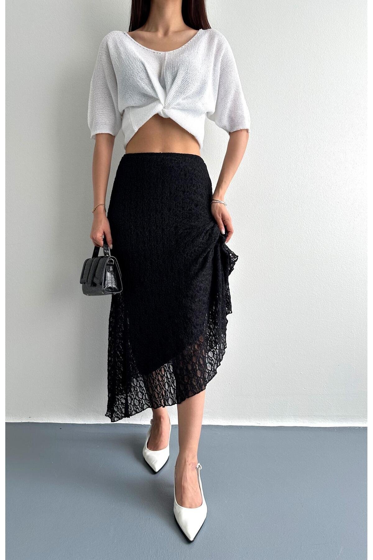 Kadın Beli Lastikli Tam Esnek Dantel Güpürlü Asimetrik Kesim Yüksek Bel Şık Midi Boy Tasarım Etek