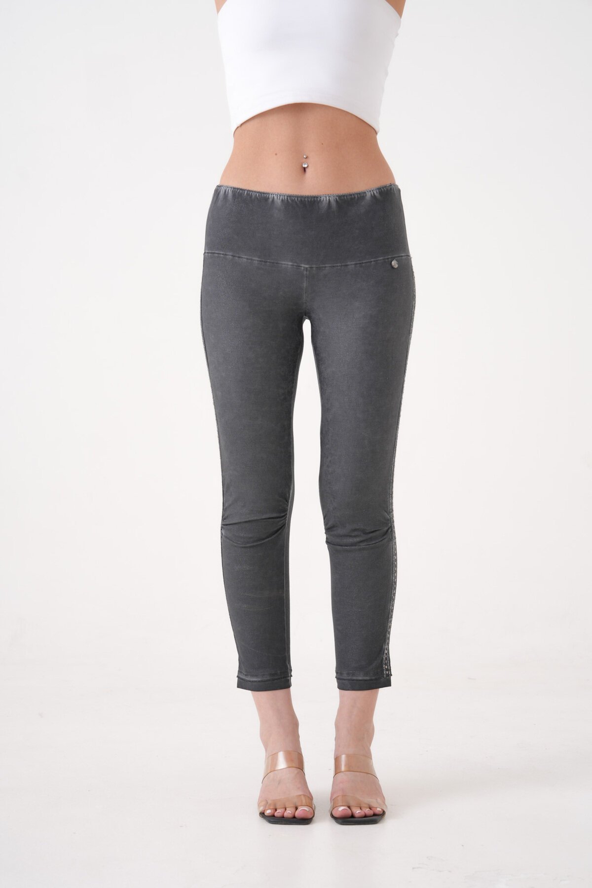 Kadın Beli Lastikli Yanı Taş Detaylı Düşük Bel Büyük Beden Curve Günlük Spor Şık Tayt