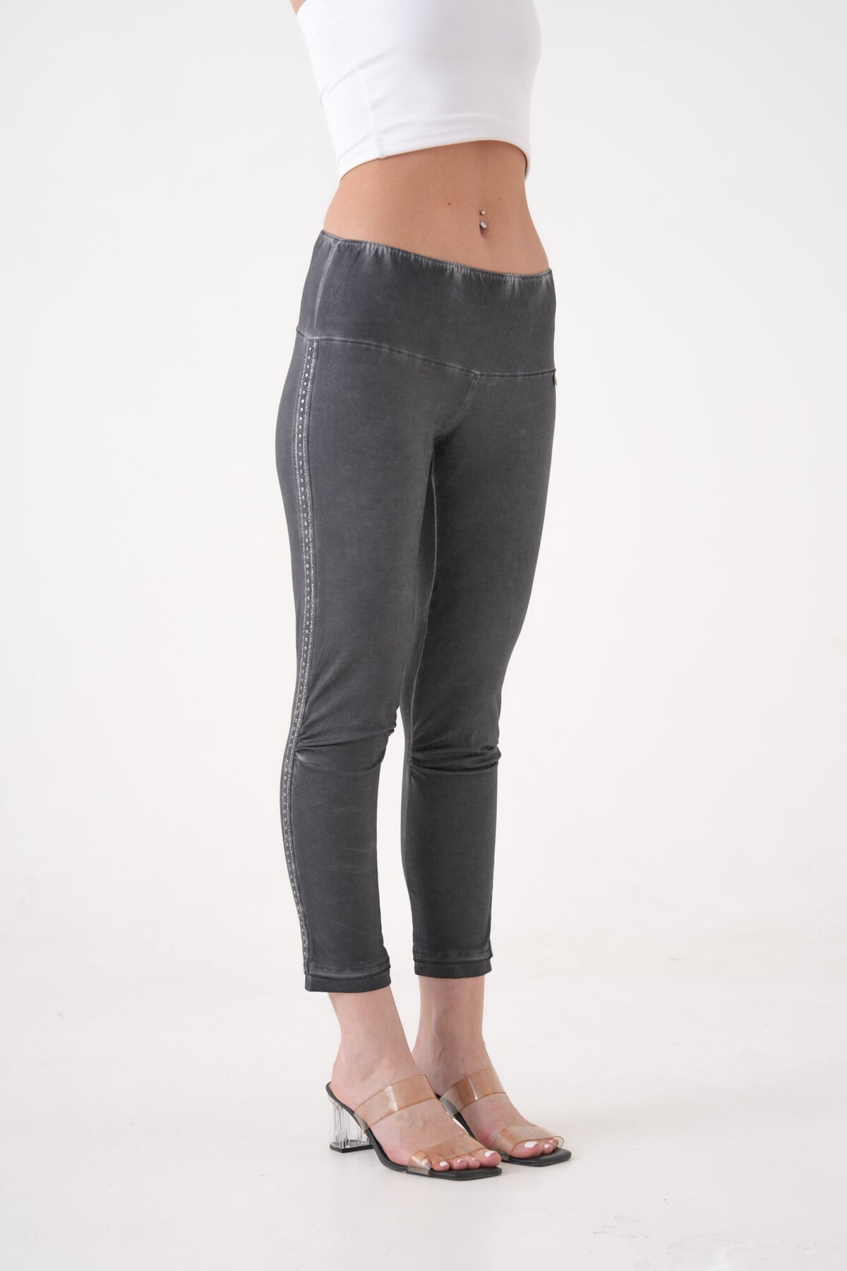 Kadın Beli Lastikli Yanı Taş Detaylı Düşük Bel Büyük Beden Curve Günlük Spor Şık Tayt