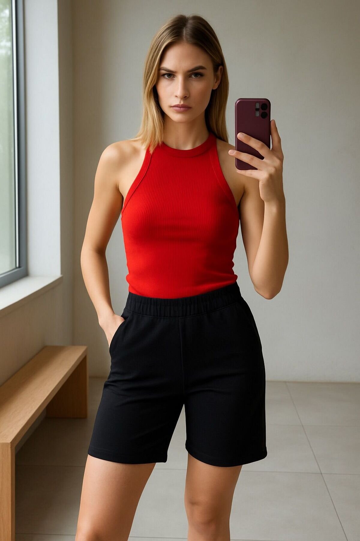 Kadın Beli Lastikli Yüksek Bel İki Cepli Şehir Boy Yazlık Şort