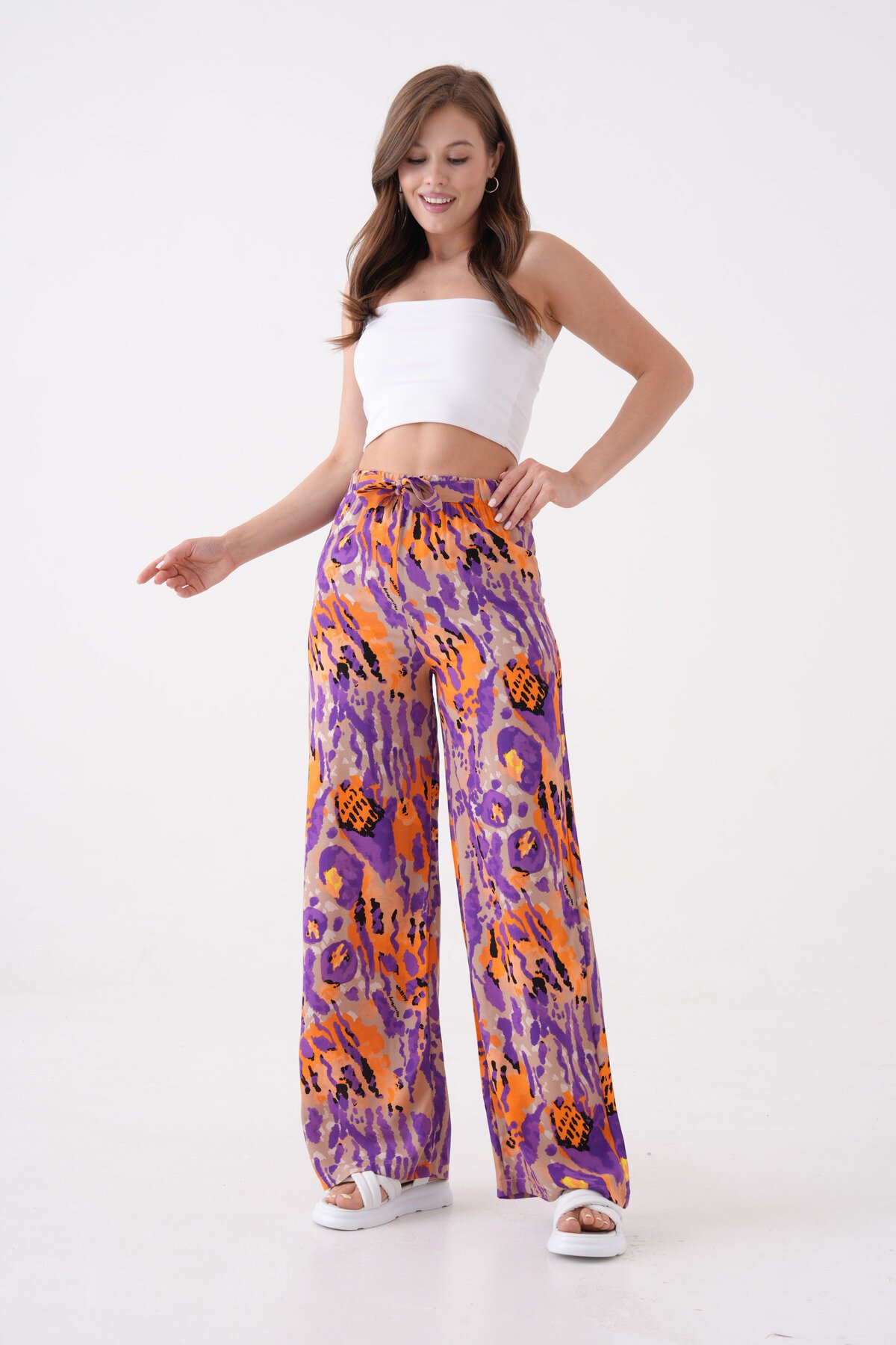 Kadın Beli Lastikli Yüksek Bel Rahat Kalıp Dokuma Viskon Kuşaklı Geniş Paça Curve Pantolon