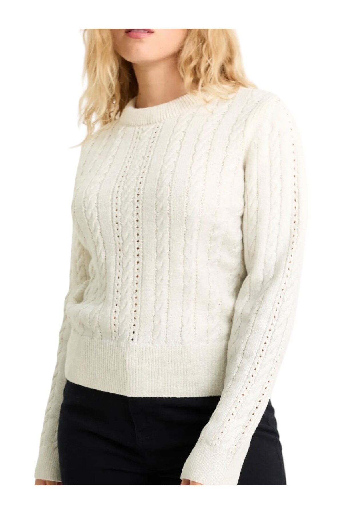 Kadın Bisiklet Yaka Dokulu Ekru Rengi Spor Şık Triko