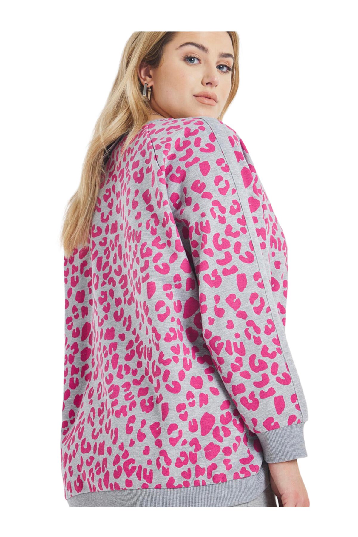 Kadın Bisiklet Yaka Fuşya Leopar Desenli Büyük Beden Curve Rahat Şık Spor Sweatshirt