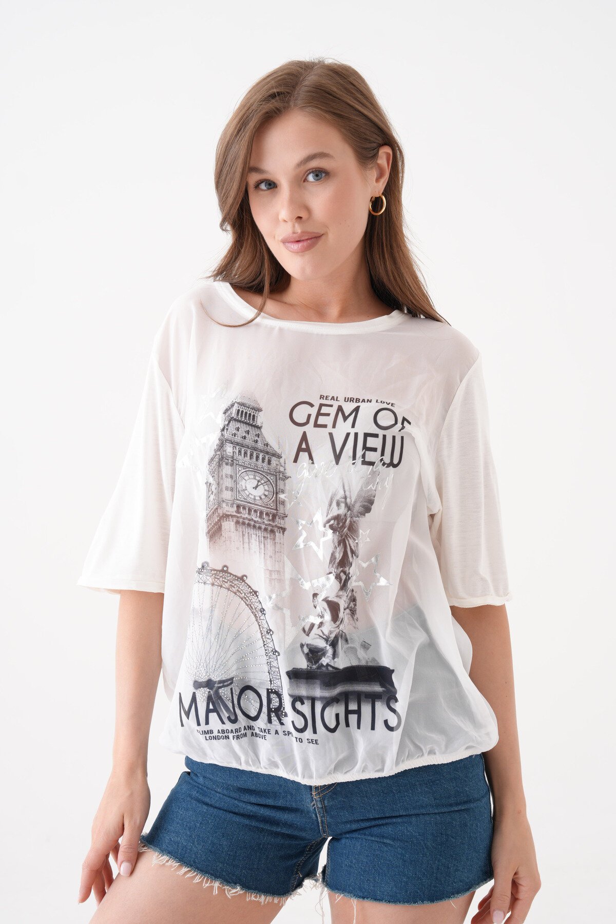 Kadın Bisiklet Yaka Kısa Kol Baskı Detaylı Spor Şık Curve Beli Lastikli Şifon Bluz