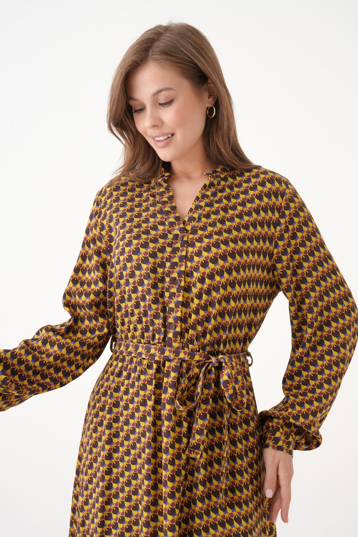 Kadın Bisiklet Yaka Tesettüre Uygun %100 Viscose Maxi Boy Uzun Kol Büyük Beden Curve Yazlık Elbise