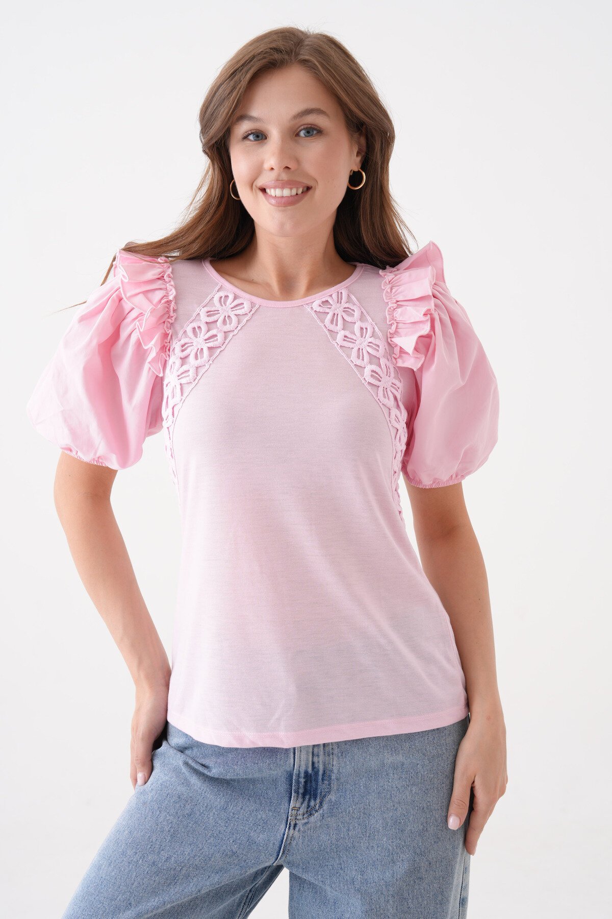 Kadın Bisiklet Yaka Volanlı Karpuz Kol Güpür Detaylı Spor Şık Çiçek Güpürlü Bluz