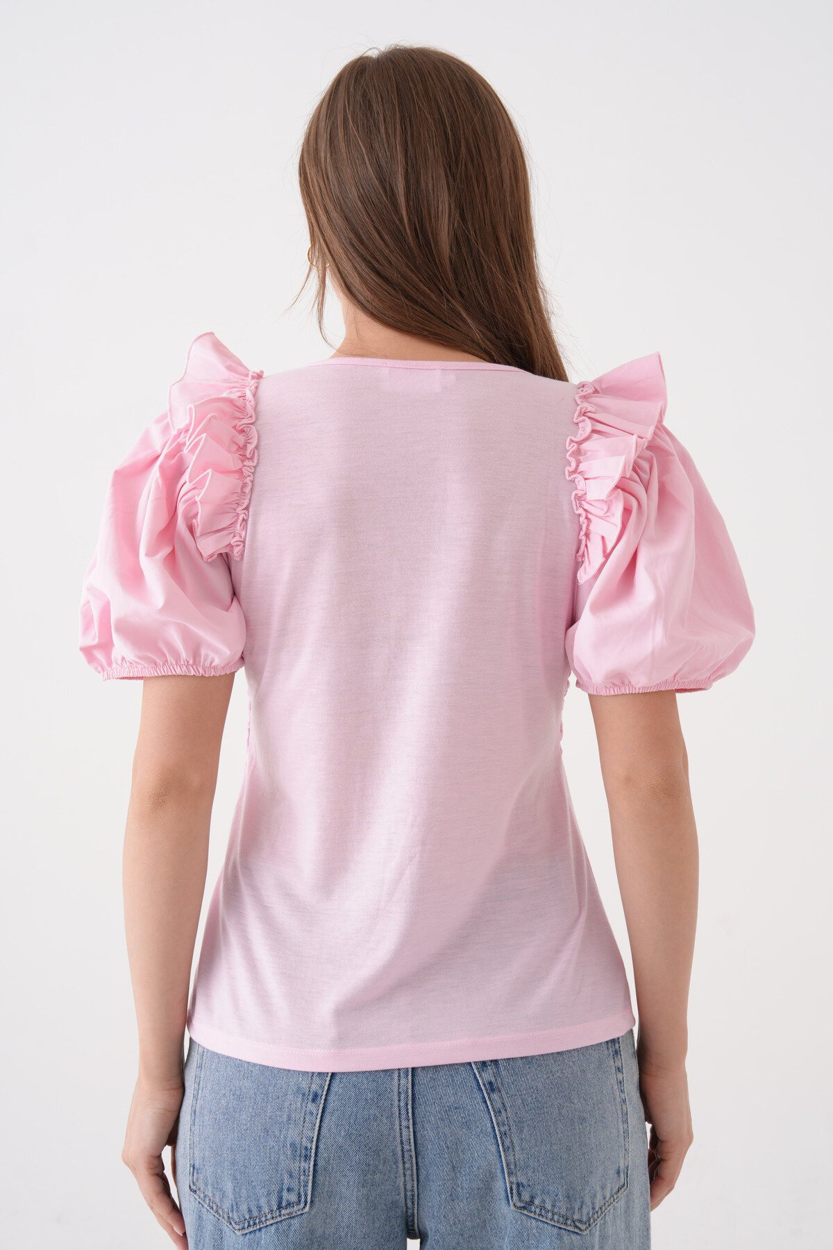 Kadın Bisiklet Yaka Volanlı Karpuz Kol Güpür Detaylı Spor Şık Çiçek Güpürlü Bluz