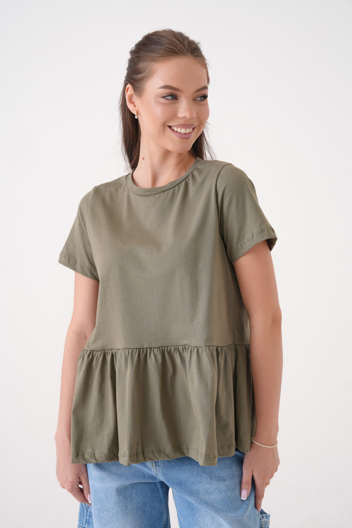 Kadın Bisiklet Yaka Yarım Kol Eteği Pileli Spor Şık Örme Rahat Kalıp Yazlık Bluz