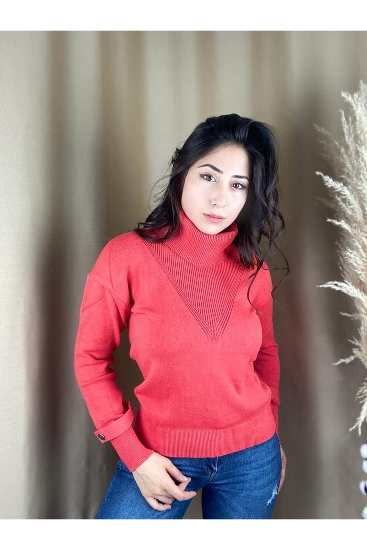 Kadın Boğazlı Uzun Kol Rahat Kalıp Triko Nar Çiçeği Kazak