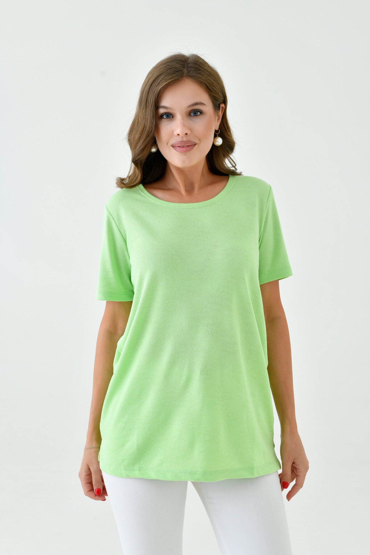 Kadın Buklet Kumaş Düz Sade Büyük Beden Curve Yarım Kol Bluz