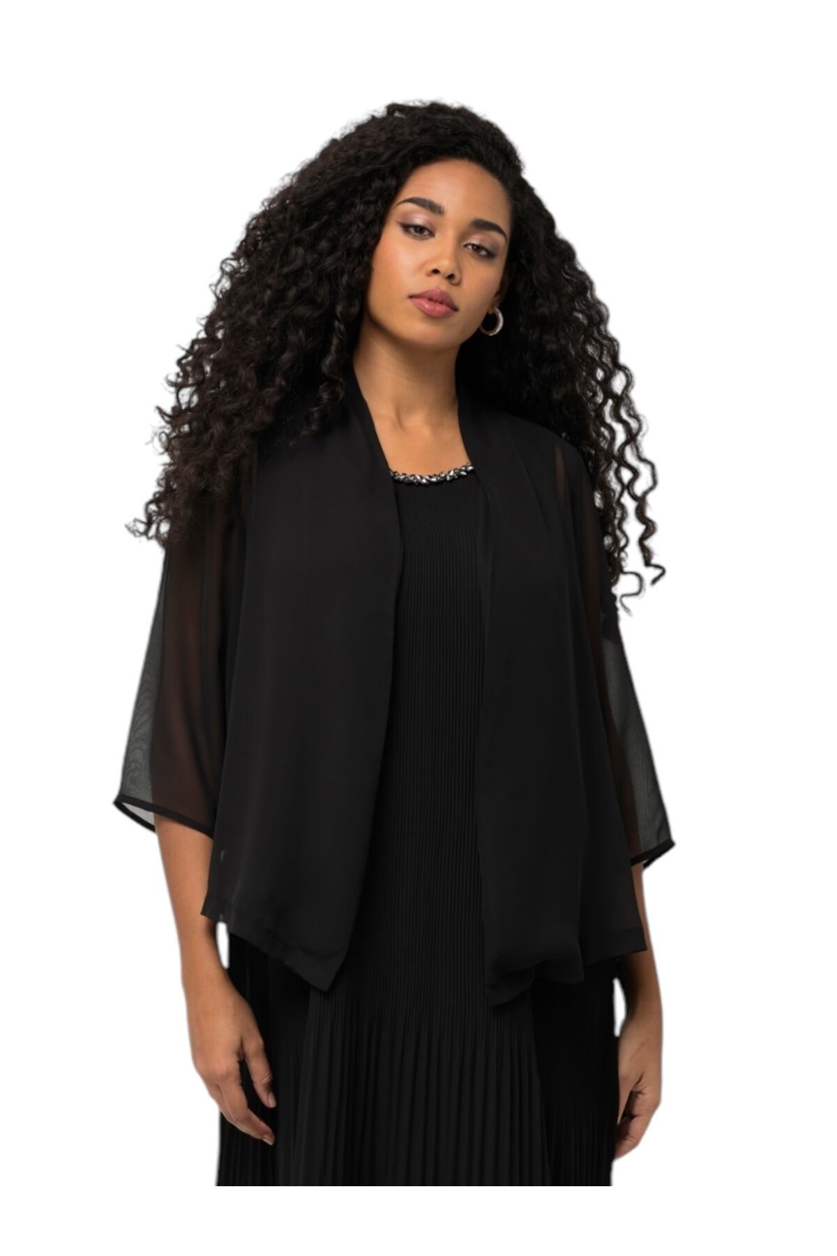 Kadın Büyük Beden Şifon Tül Dökümlü Şık Kombinleyici Curve Truvakar Kol Ceket