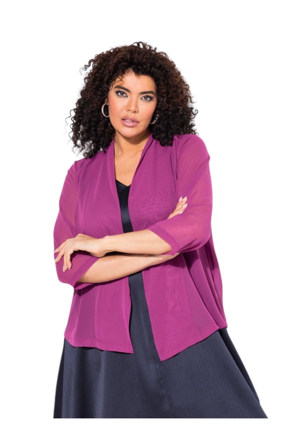 Kadın Büyük Beden Şifon Tül Dökümlü Şık Kombinleyici Curve Truvakar Kol Ceket