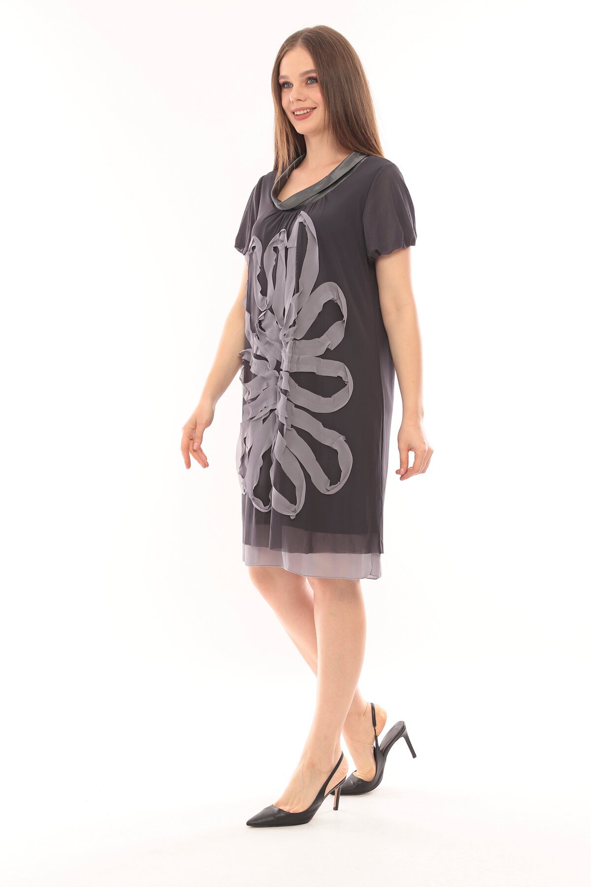 Kadın Büyük Beden Yarım Kol Şifon Çiçek Desenli Curve Astarlı Spor Şık Elbise