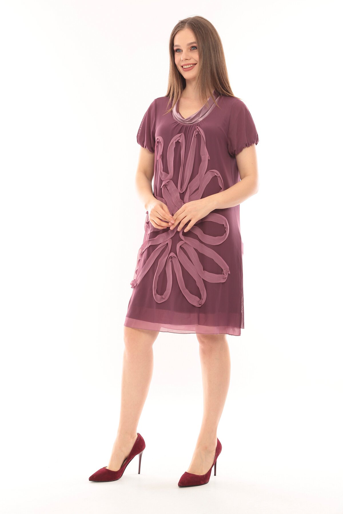 Kadın Büyük Beden Yarım Kol Şifon Çiçek Desenli Curve Astarlı Spor Şık Elbise