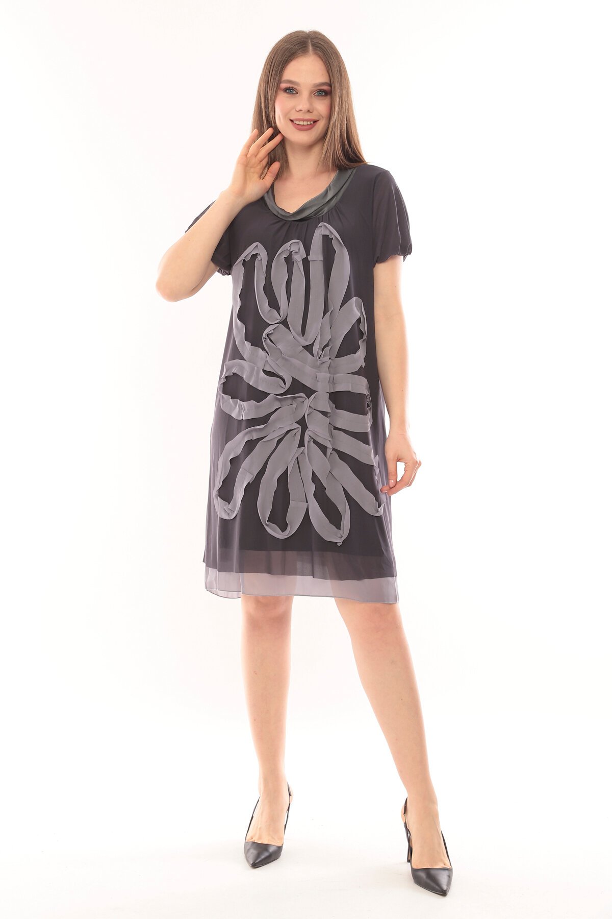 Kadın Büyük Beden Yarım Kol Şifon Çiçek Desenli Curve Astarlı Spor Şık Elbise