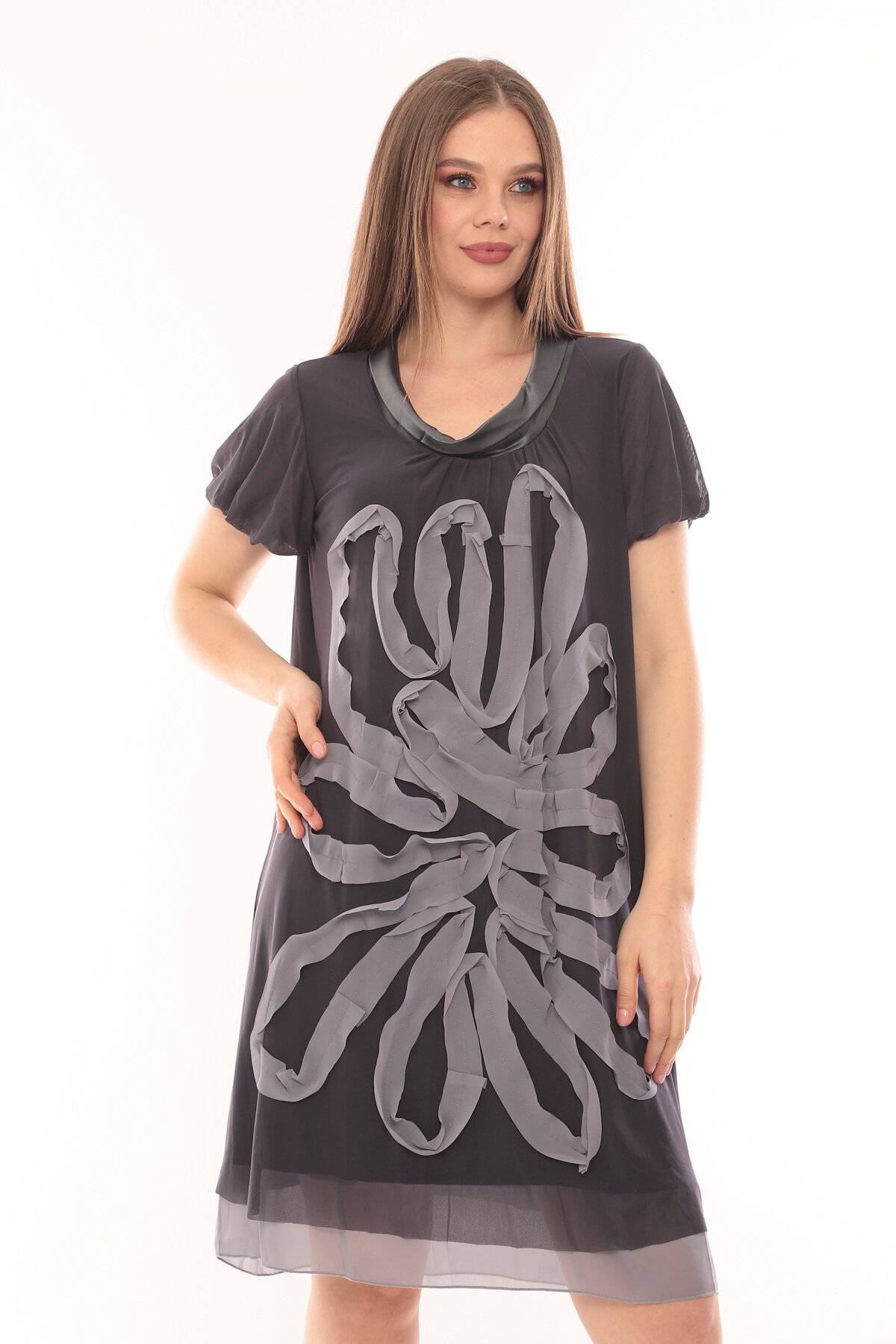 Kadın Büyük Beden Yarım Kol Şifon Çiçek Desenli Curve Astarlı Spor Şık Elbise