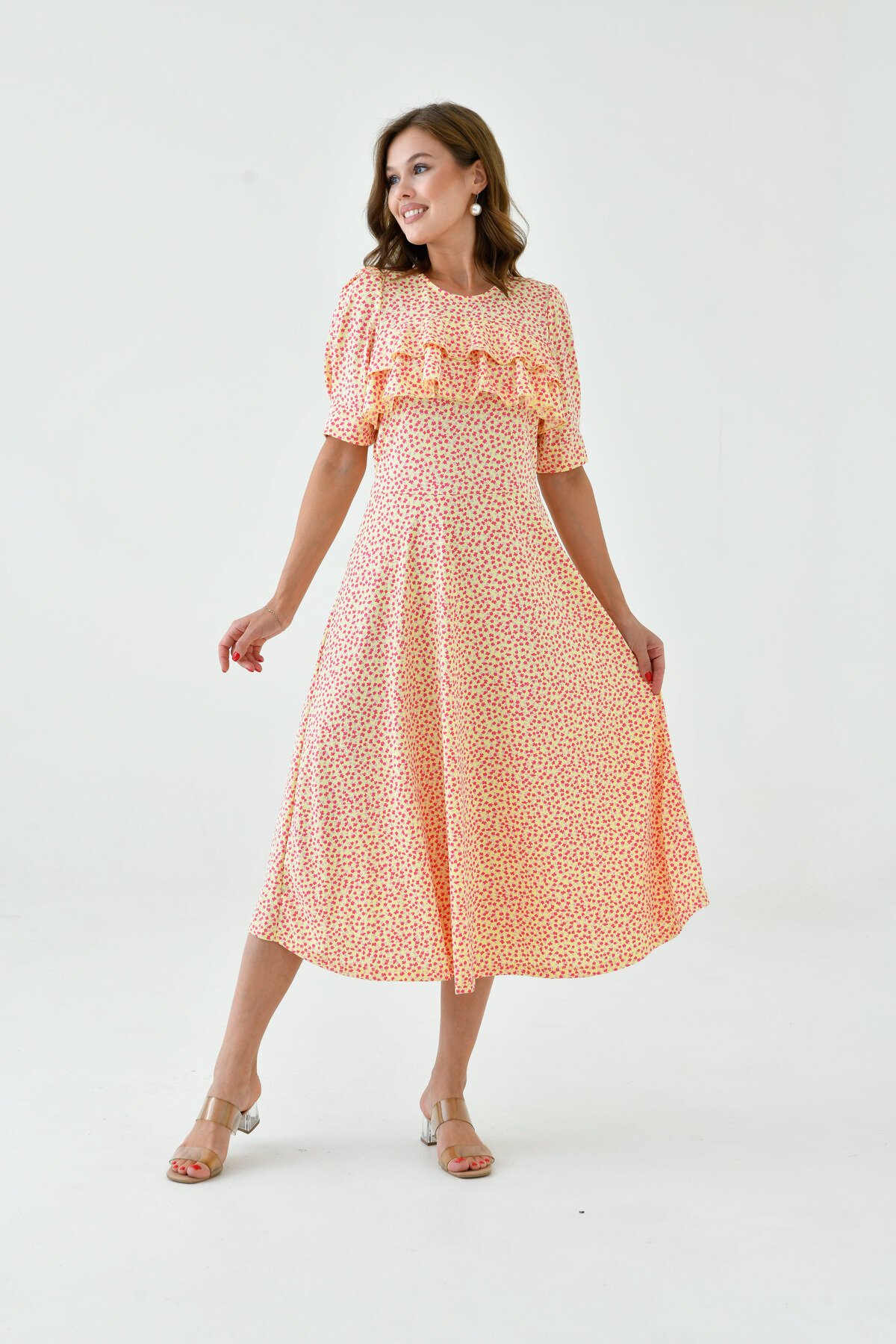 Kadın Çiçekli Kare Yaka Yarım Volanlı Kol Spor Şık Yazlık Uzun Elbise