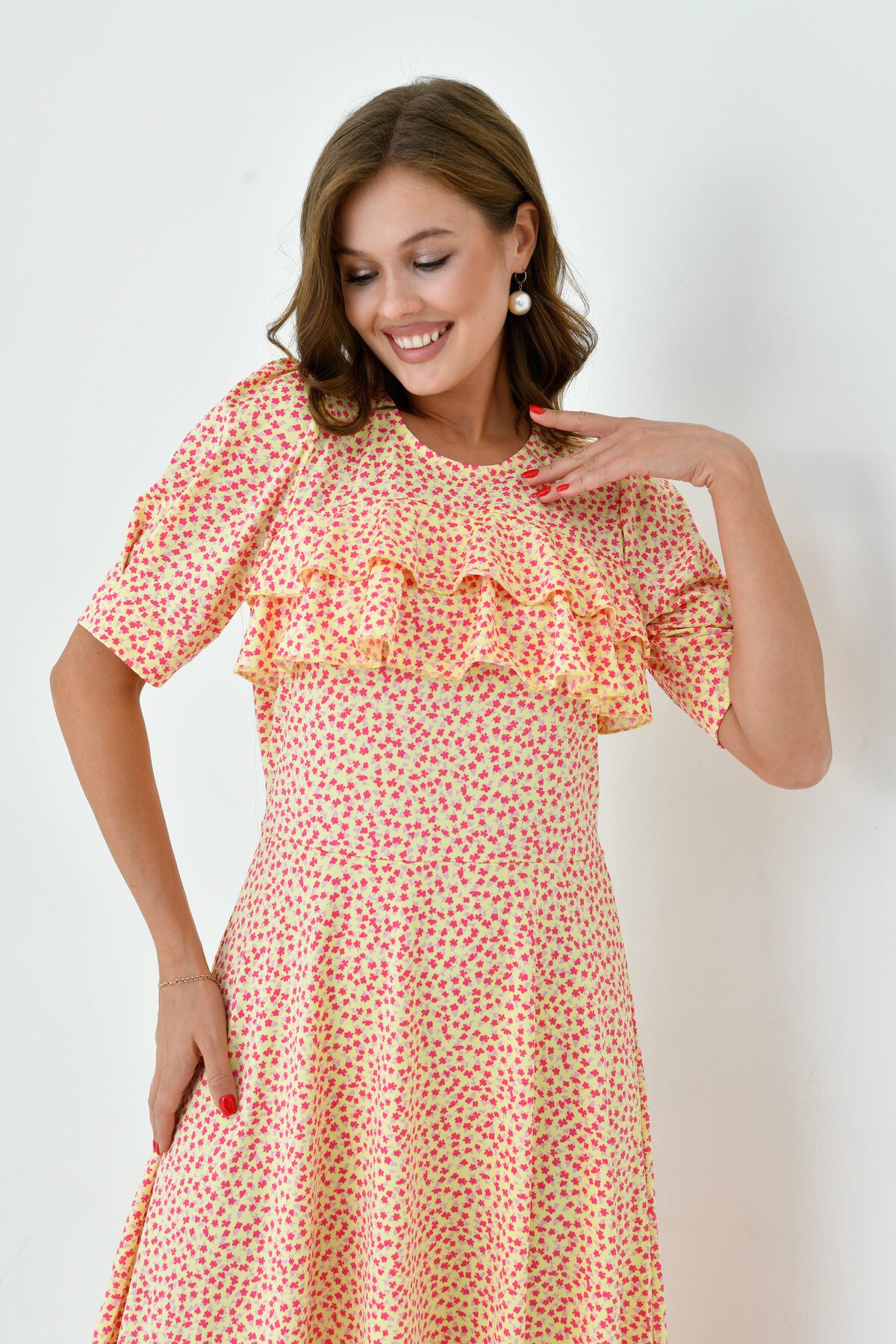 Kadın Çiçekli Kare Yaka Yarım Volanlı Kol Spor Şık Yazlık Uzun Elbise