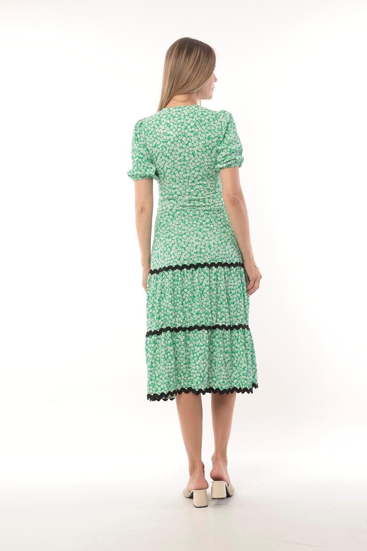 Kadın Çiçekli V Yaka Katlı Etekli Yeşil Spor Şık Yazlık Uzun Elbise