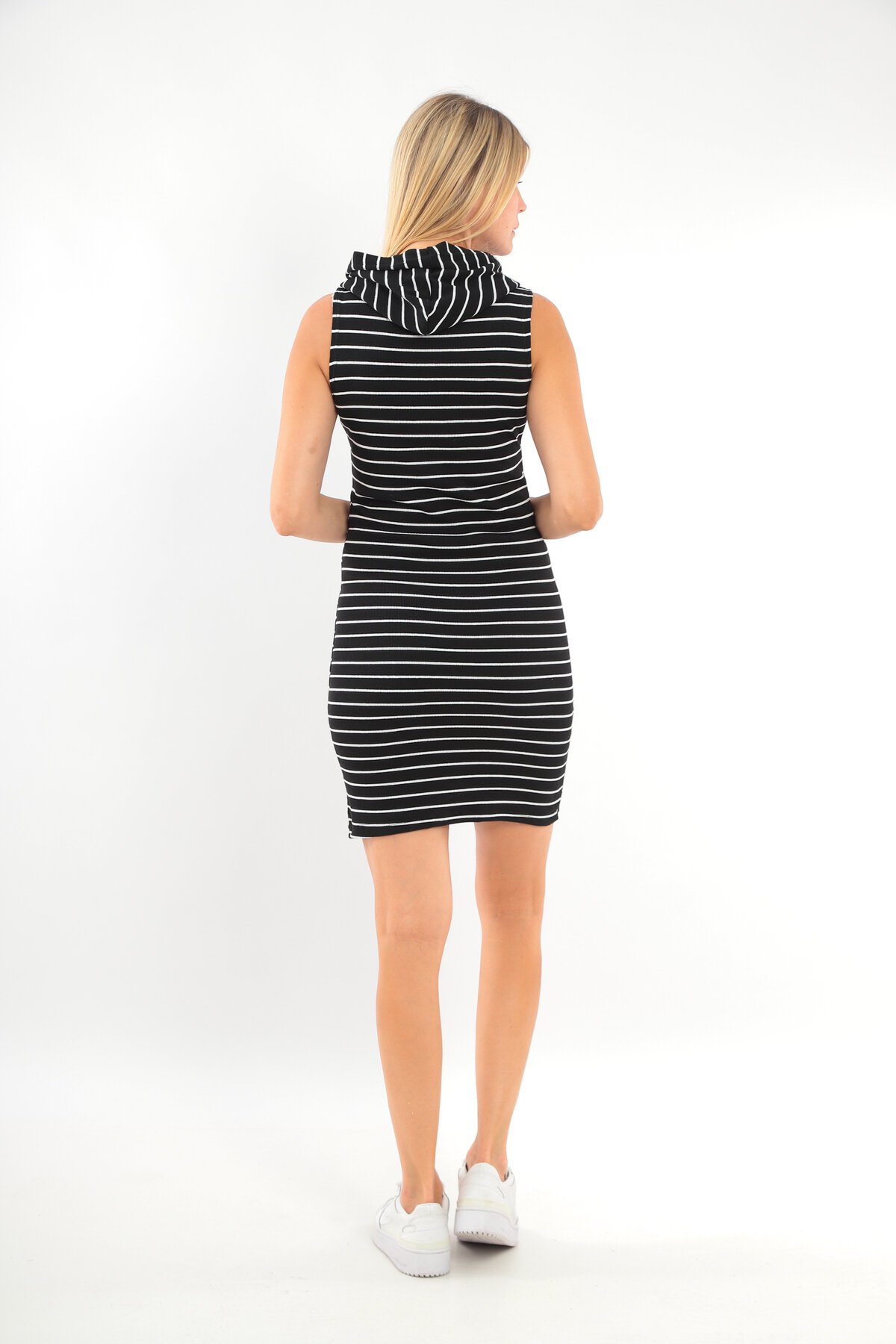 Kadın Çizgili Kolsuz Kapüşonlu Spor Şık Siyah Beyaz Casual Günlük Elbise