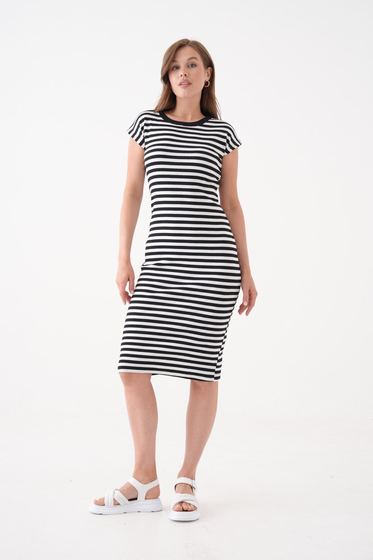 Kadın Çizgili  Spor Şık Siyah Beyaz Casual Midi Boy Elbise