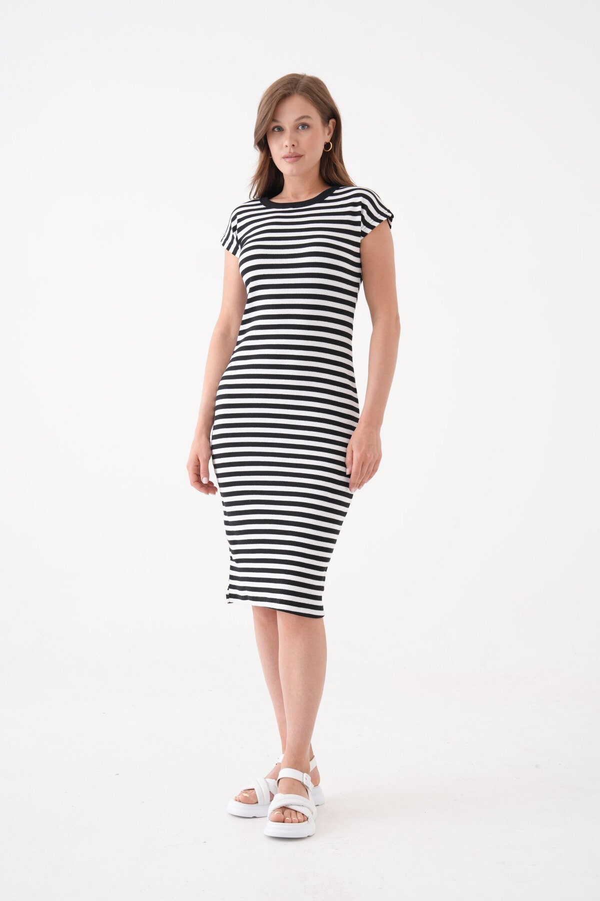 Kadın Çizgili  Spor Şık Siyah Beyaz Casual Midi Boy Elbise