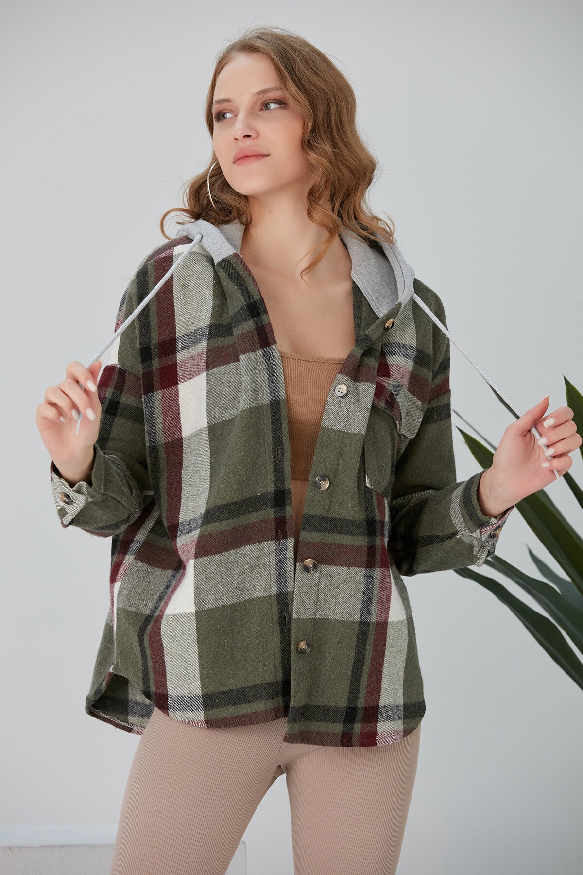 Kadın Çok Renkli Haki Oduncu Oversize Kapüşonlu Ceket Gömlek