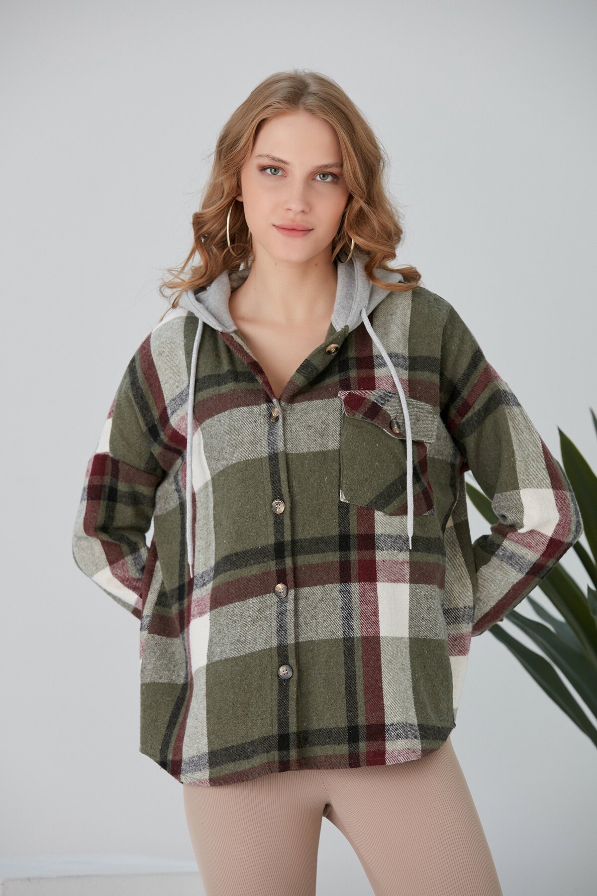 Kadın Çok Renkli Haki Oduncu Oversize Kapüşonlu Ceket Gömlek