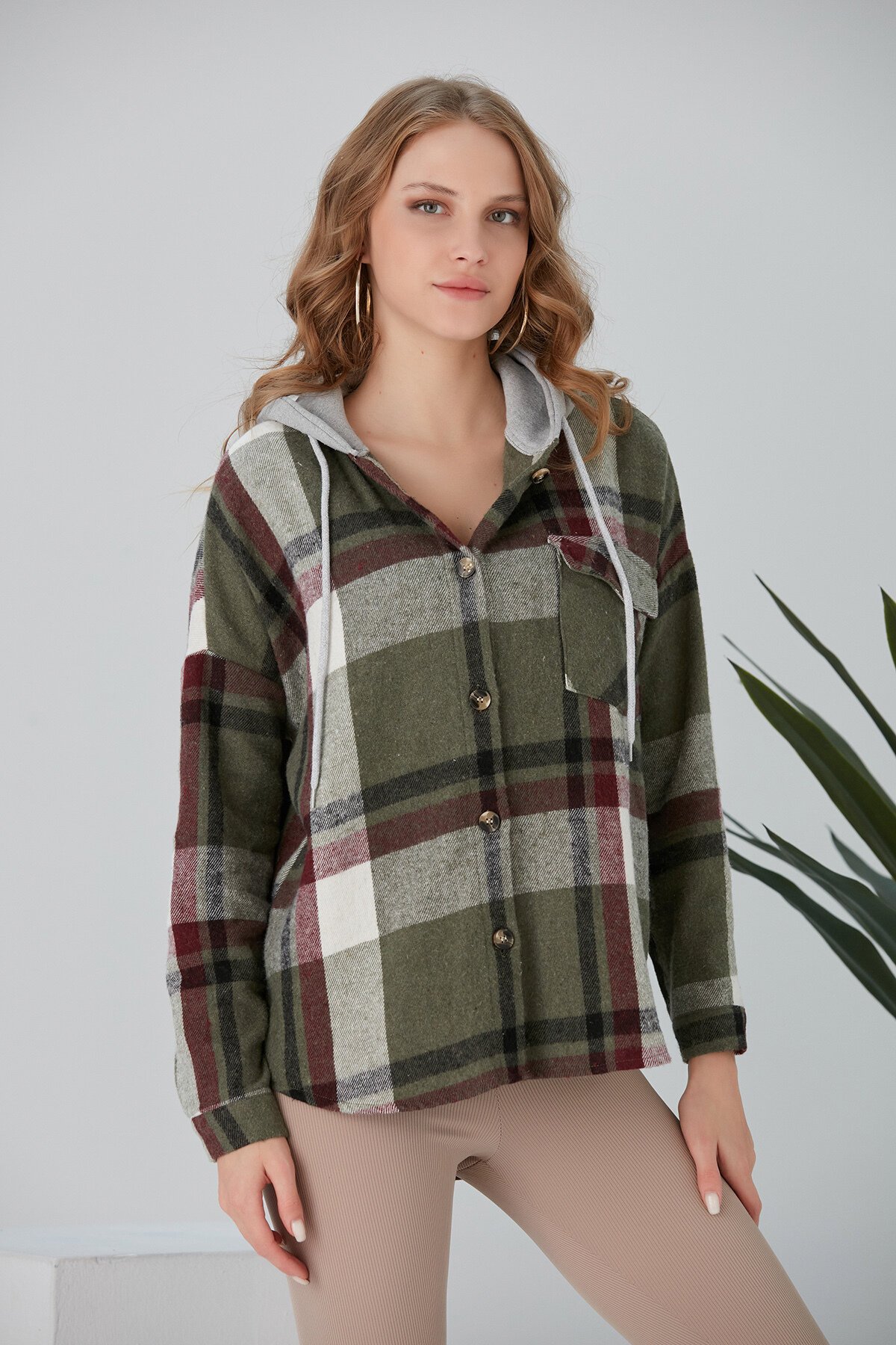 Kadın Çok Renkli Haki Oduncu Oversize Kapüşonlu Ceket Gömlek