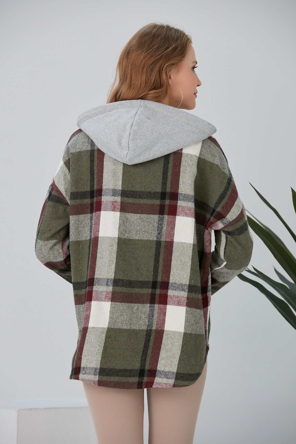 Kadın Çok Renkli Haki Oduncu Oversize Kapüşonlu Ceket Gömlek